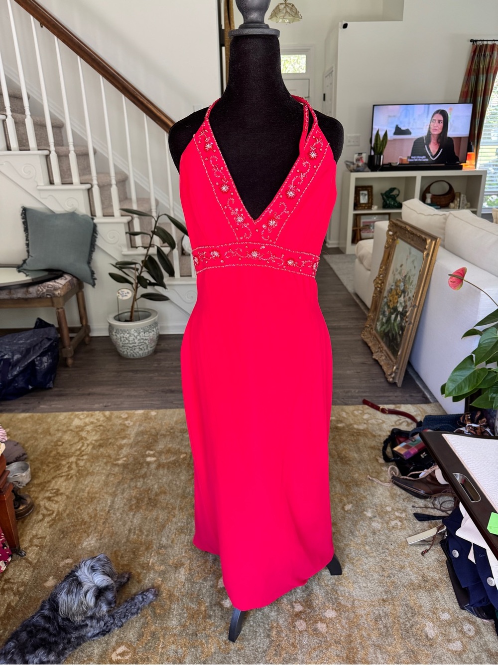 Moonlight Y2K Beaded Halter V-Neck Red Prom Dress